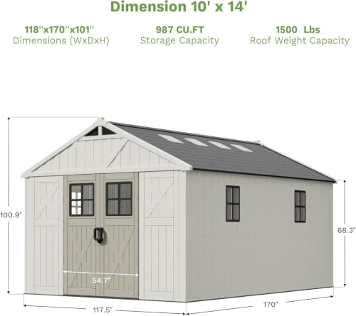 10x14 FT Resin Outdoor Storage Shed with Floor and Skylight