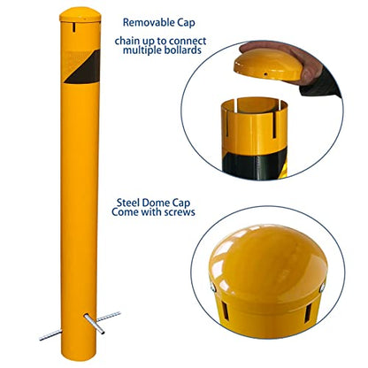 56" High 4-1/2" OD Steel Bollard Post Underground Mount, Cap Removable Safety Bollard Yellow Powder Coat, Metal Bollard Parking, Safety Barrier