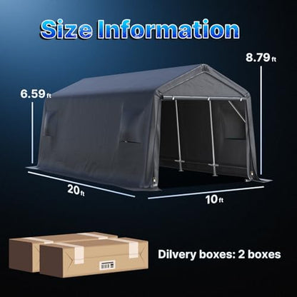 10X20 ft Carport Heavy Duty Outdoor Patio Portable Canopy Storage Shelter Shed with 2 Rolled up Zipper Doors & Vents for Snowmobile Garden Tools