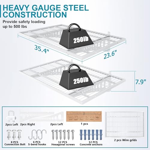 2-Pack 2×3ft(24×36 inch) Garage Wall Shelving, 500 lbs Load Capacity, Garage Wall Mounted Shelves, Heavy Duty Shelf with Hooks, White