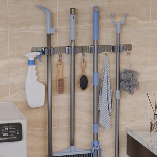 Wall Mounted Broom and Mop Organizer Stainless Steel Storage Rack