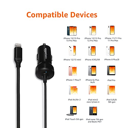 12W (5V, 2.4A) Fast Car Charger with Coiled Lightning Cable, MFi Certified for iPhone, iPad and Apple Devices, 1.5 ft, Black
