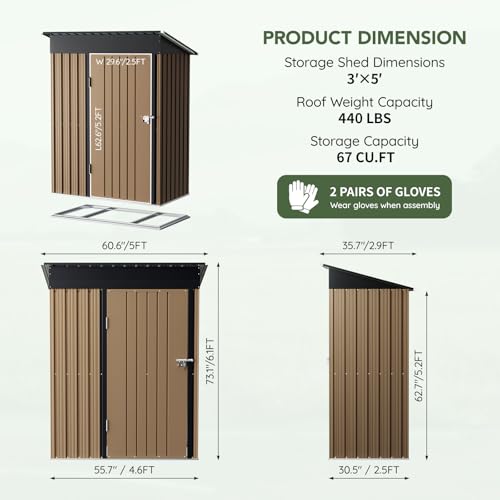 3 x 5 FT Storage Shed with Floor Frame for Backyard