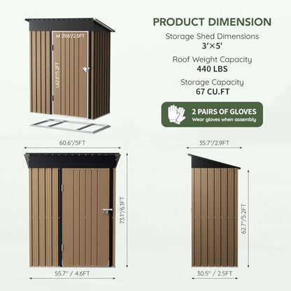 3 x 5 FT Storage Shed with Floor Frame for Backyard