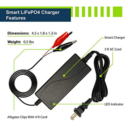 12V 2A Smart Charger for Lithium LiFePO4 Deep Cycle Rechargeable Batteries [UL Listed]