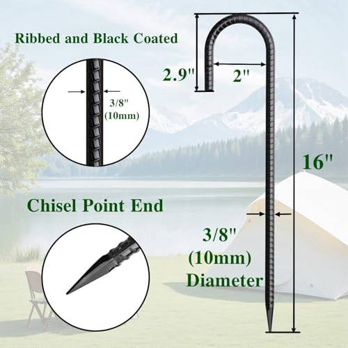 Rebar Stakes 16 Inch 20 Pack J Hook Ground Stakes Heavy Duty Tent Stakes Chain Link Fence Stakes with Chisel Point End Galvanized Steel Ground Anchors Metal Spikes Black Coated (20 Count)