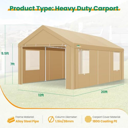 12x20 FT Heavy Duty Carport with Galvanized Frame