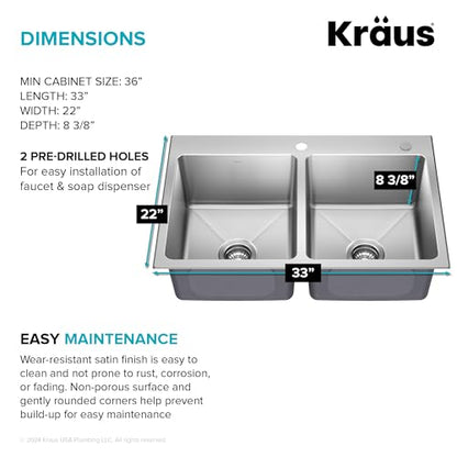 Stainless Steel 33 in Double Bowl Drop In Sink KHT632
