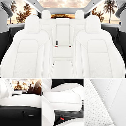 Tesla Model Y Seat Covers White Leather Car Seat Cover Full Set