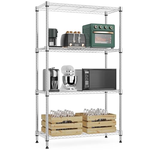 1000 lbs 4Tier Shelf Metal Storage Shelves Wire Rack Closet Organizers with Wheel for Garage Kitchen Bathroom Laundry Chrome 13.7" D x 23.6" W x 53.4" H (4 Count)