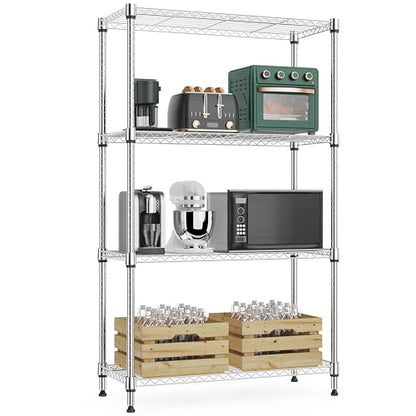 1000 lbs 4Tier Shelf Metal Storage Shelves Wire Rack Closet Organizers with Wheel for Garage Kitchen Bathroom Laundry Chrome 13.7" D x 23.6" W x 53.4" H (4 Count)
