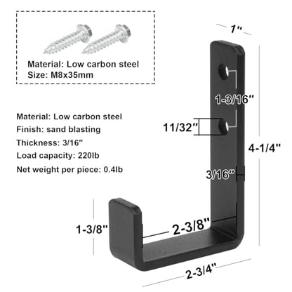 4 Pack 2-3/8" Heavy Duty Steel J Hook, Wall Mount Garage Hanging Bracket (4 Count)