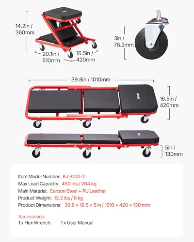 40 in 2-in-1 Folding Mechanic Creeper, Z Creeper Seat & Under Car Garage Roller, 450 lbs Rolling Creeper Stool with 6 Swivel Casters, Padded Headrest for Auto Repair