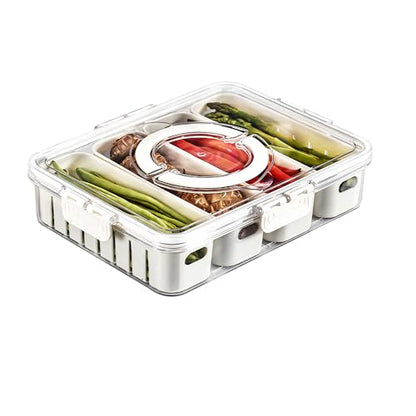 Divided Veggie Tray with Lid and Handle 4 Compartment Serving Tray Portable Travel Snack Storage Containers Stackable Snackle Box Charcuterie Container for Fruit