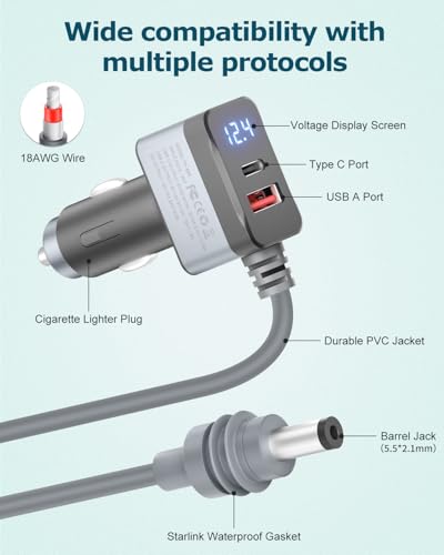 3 in 1 Starlink Mini Cable 12V Adapter 10FT Car Cigarette Lighter Adapter