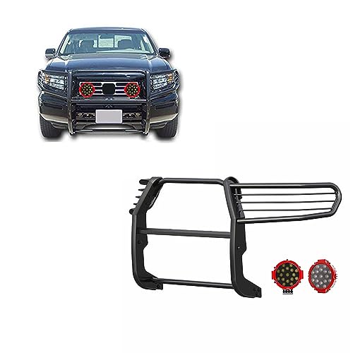 Black Horse Grille Brush Bumper Guard Modular Black Come with Pair of 7.0" Dia.LED Lights with Red Trim Rings Compatible with 2006