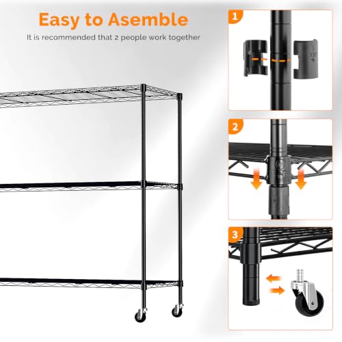 3 Tier Metal Storage Shelves 41''H Wire Shelving with Wheels for Storage Adjustable Heavy Duty Garage Shelving Storage Racks for Pantry Shelves Kitchen Office Garage