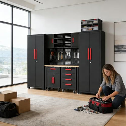 8 Piece Garage Cabinet Storage System with Workbench & Pegboard