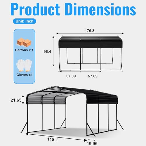 10x15FT Heavy Duty Metal Carport with Side Support Poles for All Weather