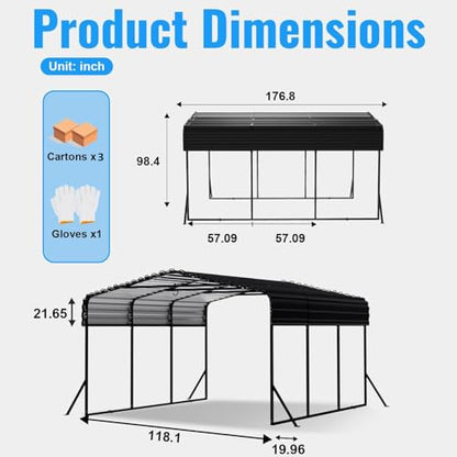 10x15FT Heavy Duty Metal Carport with Side Support Poles for All Weather
