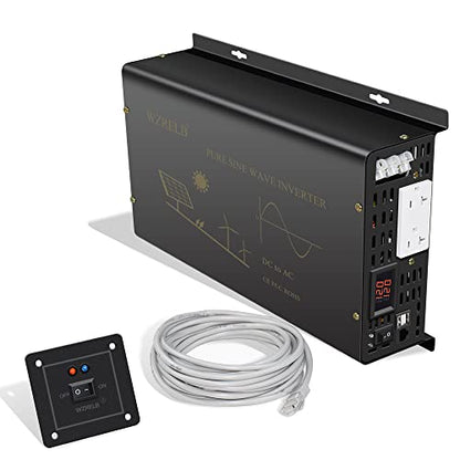 Pure Sine Wave Power Inverter 3000W 12VDC to 120VAC 6000W Peak Dual AC Outlets &2× 2.4A USB Port &Hardwire Terminal with 16ft Remote Conrtol Off