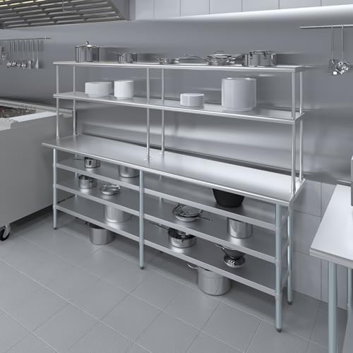 18" x 96" Stainless Steel Work Table with 3 Shelves and 12" Wide Double Tier Overshelf