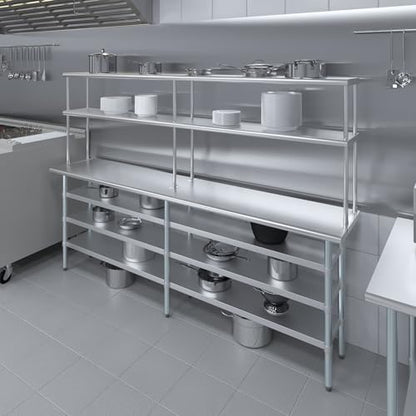 18" x 96" Stainless Steel Work Table with 3 Shelves and 12" Wide Double Tier Overshelf