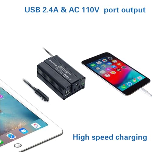 150W Power Inverter 12V DC to 110V AC Car Plug Adapter Outlet Converter with 2.4A Dual USB AC car Charger for Laptop Computer