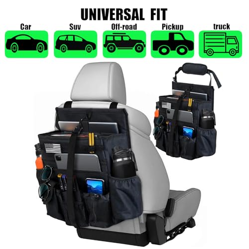 Front & Seat back organizer with dedicated tablet and 15.6 IN laptop storage stabilizers external stabilizing side straps soft adjustable shoulder straps hardened buckle