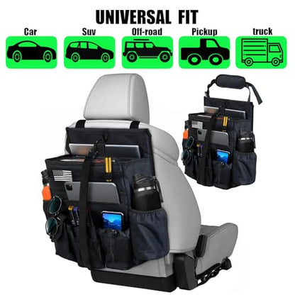 Front & Seat back organizer with dedicated tablet and 15.6 IN laptop storage stabilizers external stabilizing side straps soft adjustable shoulder straps hardened buckle