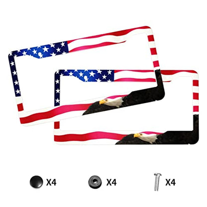 American Flag License Plate Frame American Flag License Plate Holder America Eagle License Plate Frame Covers US Car Tag Frame Stainless Aluminum 2 Pack 2 Holes Decorative 2 Pcs Set for Men