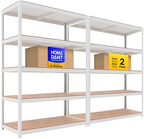 House 48.1" W Deep 5 Tier Heavy Duty Garage Shelving Adjustable Metal Rack Storage Shelves Standing Shelf Unit Organizers Industrial Warehouse Basement White 2Pack (2 Count)