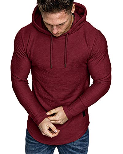 Mens Fashion Athletic Hoodies Sport Sweatshirt Solid Color Fleece Pullover Red Large
