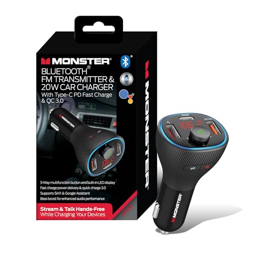 Monster Bluetooth FM Transmitter for Car Cigarette Lighter with 20W QC3.0 USB A & USB C PD Charger