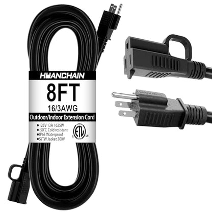 Indoor Outdoor Black Extension Cord 8 FT Waterproof 16
