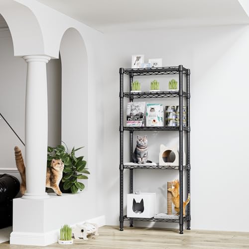 1250 lbs 5 Tier Shelf Metal Storage Shelves Wire Rack Closet Organizers for Garage Kitchen Bathroom Laundry Black 11.8" D x 23.6" W x 59.5" H (5 Count)