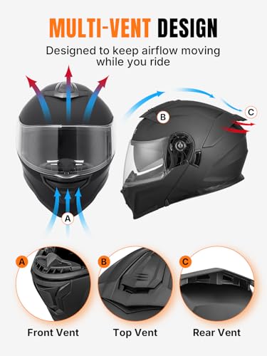 Modular Motorcycle Helmets Full Face Flip up Street Bike Motorcycle Helmet for Unisex Adult Matte Black