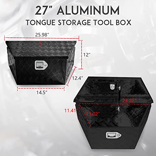 27" x 13" x 13" Trailer Tongue Tool Box with Latch and Keys Heavy Duty Aluminum Trailer Toolbox Organizer Truck Underbody Box Compatible with Pick Up Truck Bed RV Trailer ATV Black