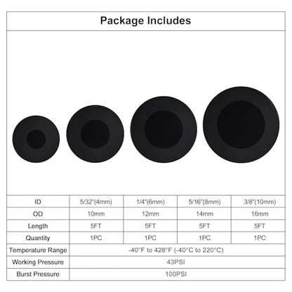 5/32 1/4 5/16 3/8 Silicone Vacuum Hose Line Kit 5FT, Black