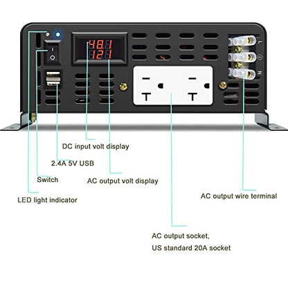 3000W Pure Sine Wave Power Inverter 48VDC to 120VAC 6000W Peak Dual AC Outlets 2× 2.4A USB Port &Hardwire Terminal Off