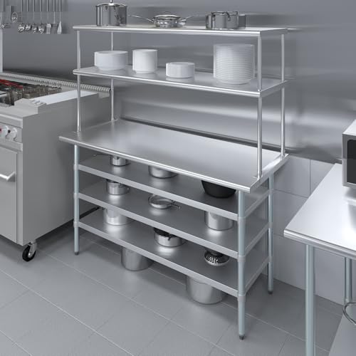 24" x 60" Stainless Steel Work Table with 3 Shelves and 18" Wide Double Tier Overshelf