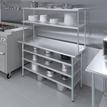 24" x 60" Stainless Steel Work Table with 3 Shelves and 18" Wide Double Tier Overshelf