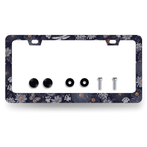 Blue Folk Art Flowers Stainless Steel License Plate Frame 12.2 x 6.2 Inch