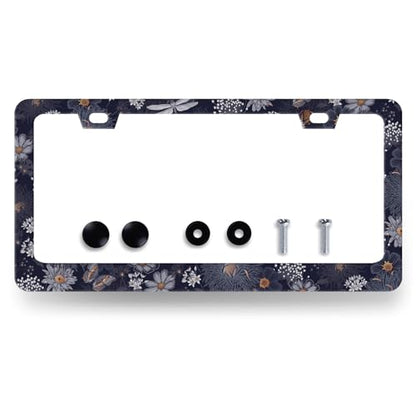 Blue Folk Art Flowers Stainless Steel License Plate Frame 12.2 x 6.2 Inch