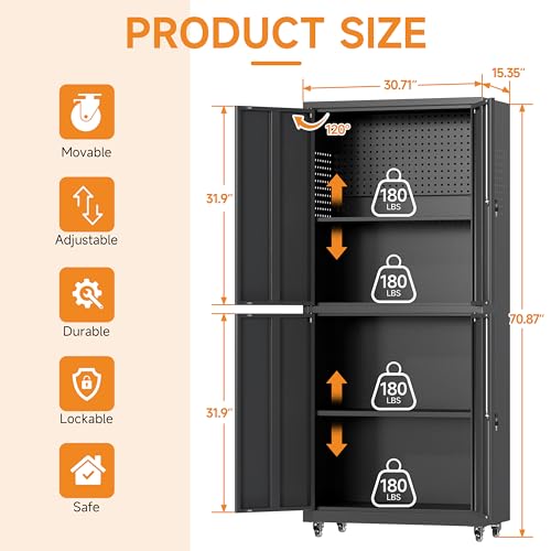 71" H Metal Tool Storage Cabinet with Lock and Wheels