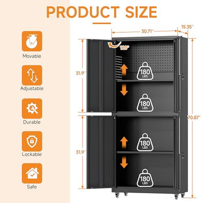 71" H Metal Tool Storage Cabinet with Lock and Wheels