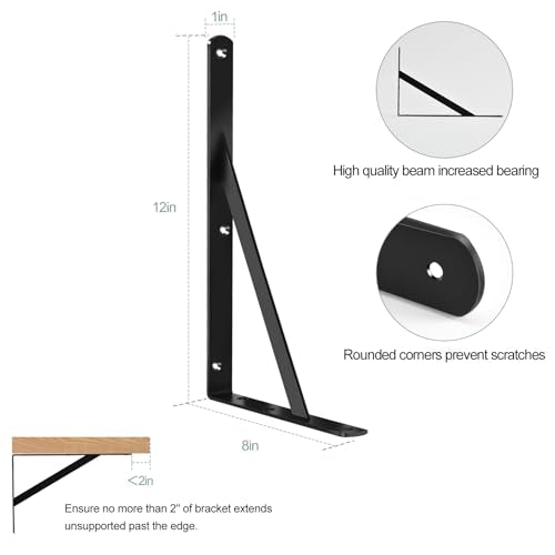 6 Pack L12 x H 8" Black Heavy Duty Shelf Brackets with Screws Metal Shelf Brackets Shelf Support Angle Brackets for Shelves L Brackets Heavy Duty Floating Shelf (6 Count)