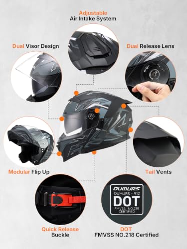 Modular Motorcycle Helmets Full Face Flip up Street Bike Motorcycle Helmet for Unisex Adult Matte Gray