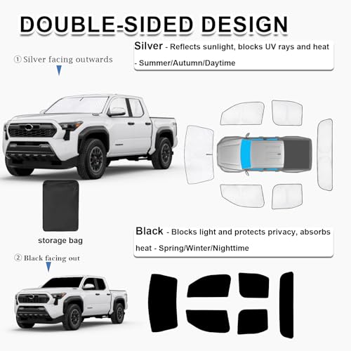 Car Sun Shades for Toyota Tacoma Double Cab 2024 2025 2026 Accessories (6 Count)