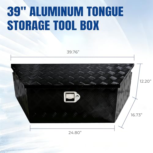 39" x 12" x 16.5" Trailer Tongue Tool Box Heavy Duty Aluminum with Latch and Keys Trailer Toolbox Organizer Truck Underbody Box Compatible with Pick Up Truck Bed RV Trailer ATV Black